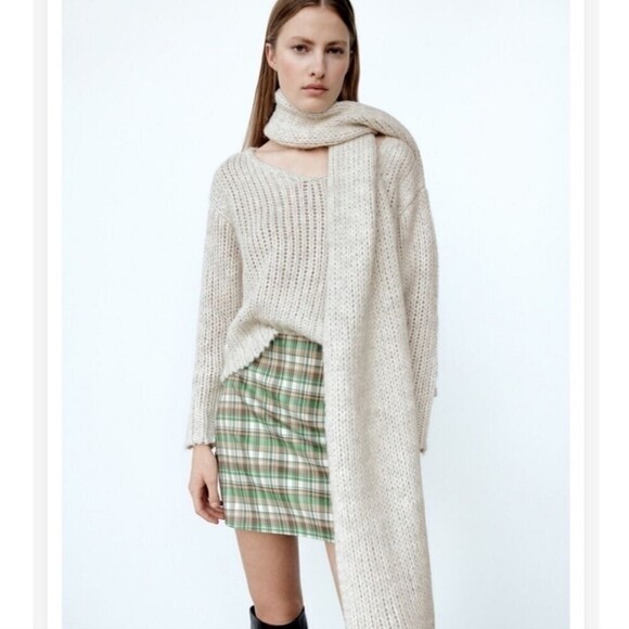 RETRO Zara Green Brown Cream Check Plaid High Waist Classic Mini Skirt XS - Picture 1 of 5
